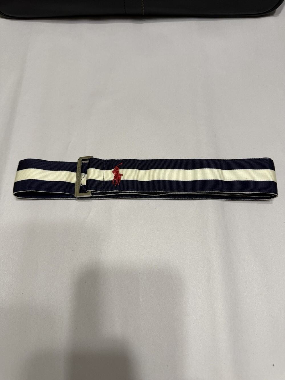 POLO RALPH LAUREN White & Blue Striped Ribbon D-Ring Belt 38in Embroidered